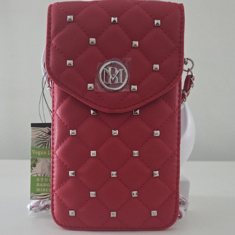 Badgley Mischka Red Quilted Crossbody Phone Wallet with Silver Studs